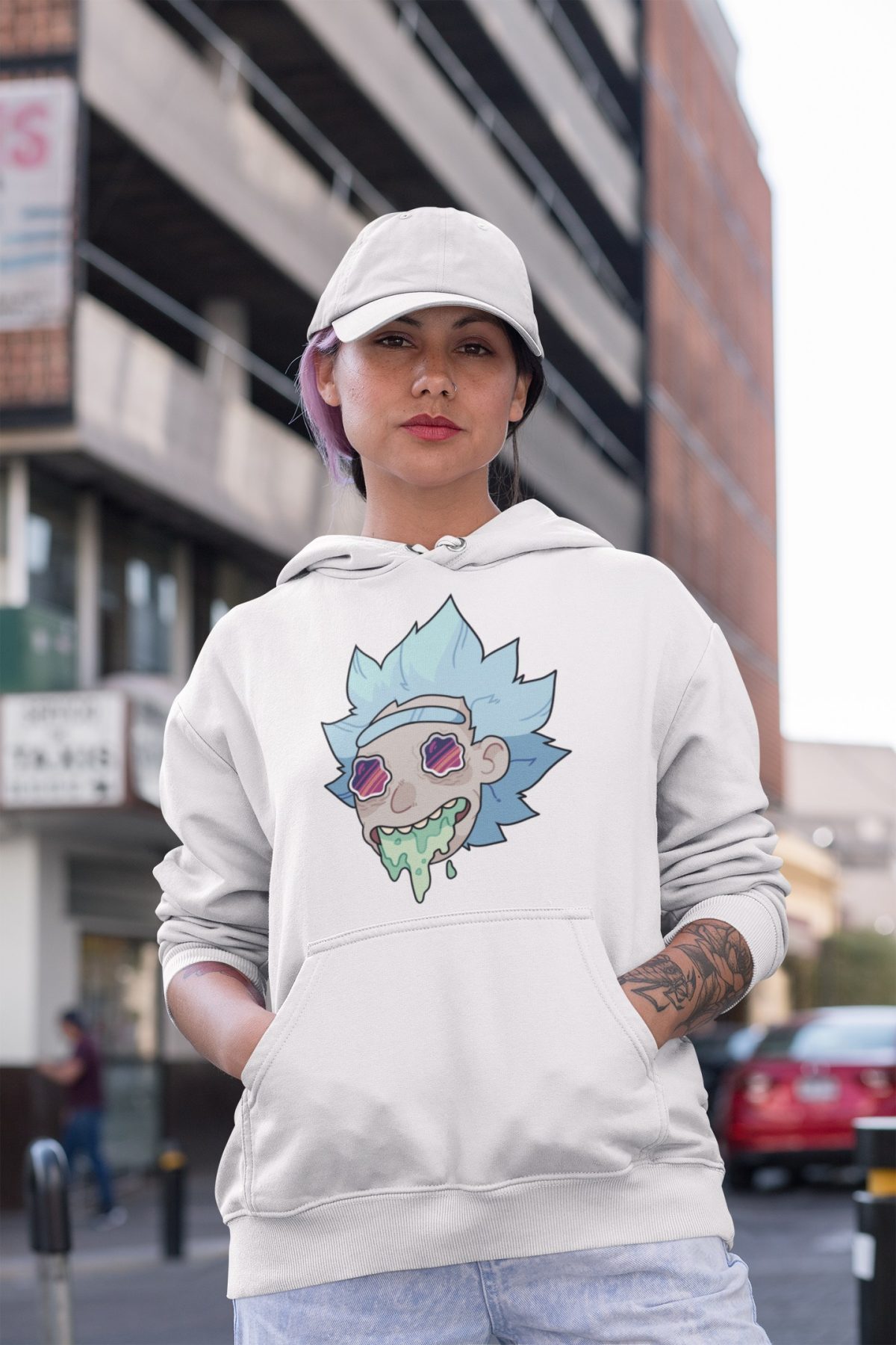 hoodie mockup of a serious woman wearing a dad hat in the street 31185 1 compressed - Rick And Morty Merch