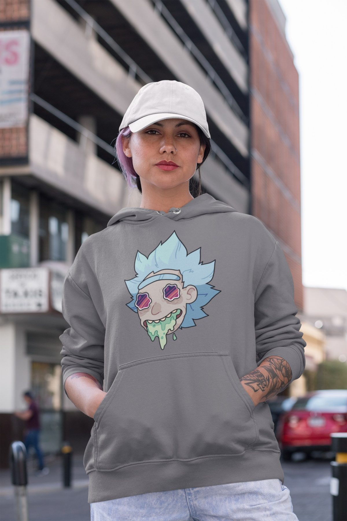 hoodie mockup of a serious woman wearing a dad hat in the street 31185 3 compressed - Rick And Morty Merch