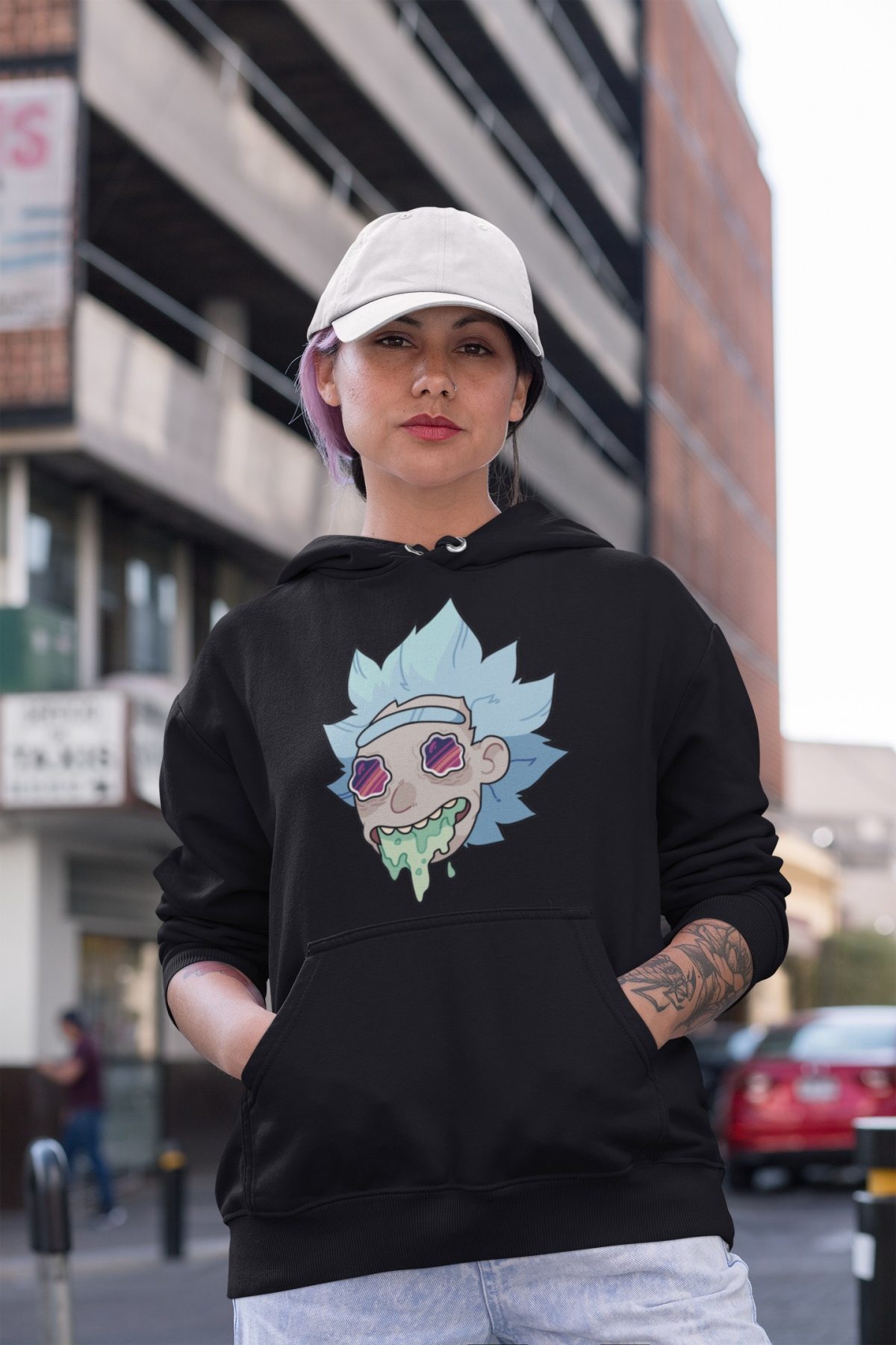 hoodie mockup of a serious woman wearing a dad hat in the street 31185 4 compressed - Rick And Morty Merch