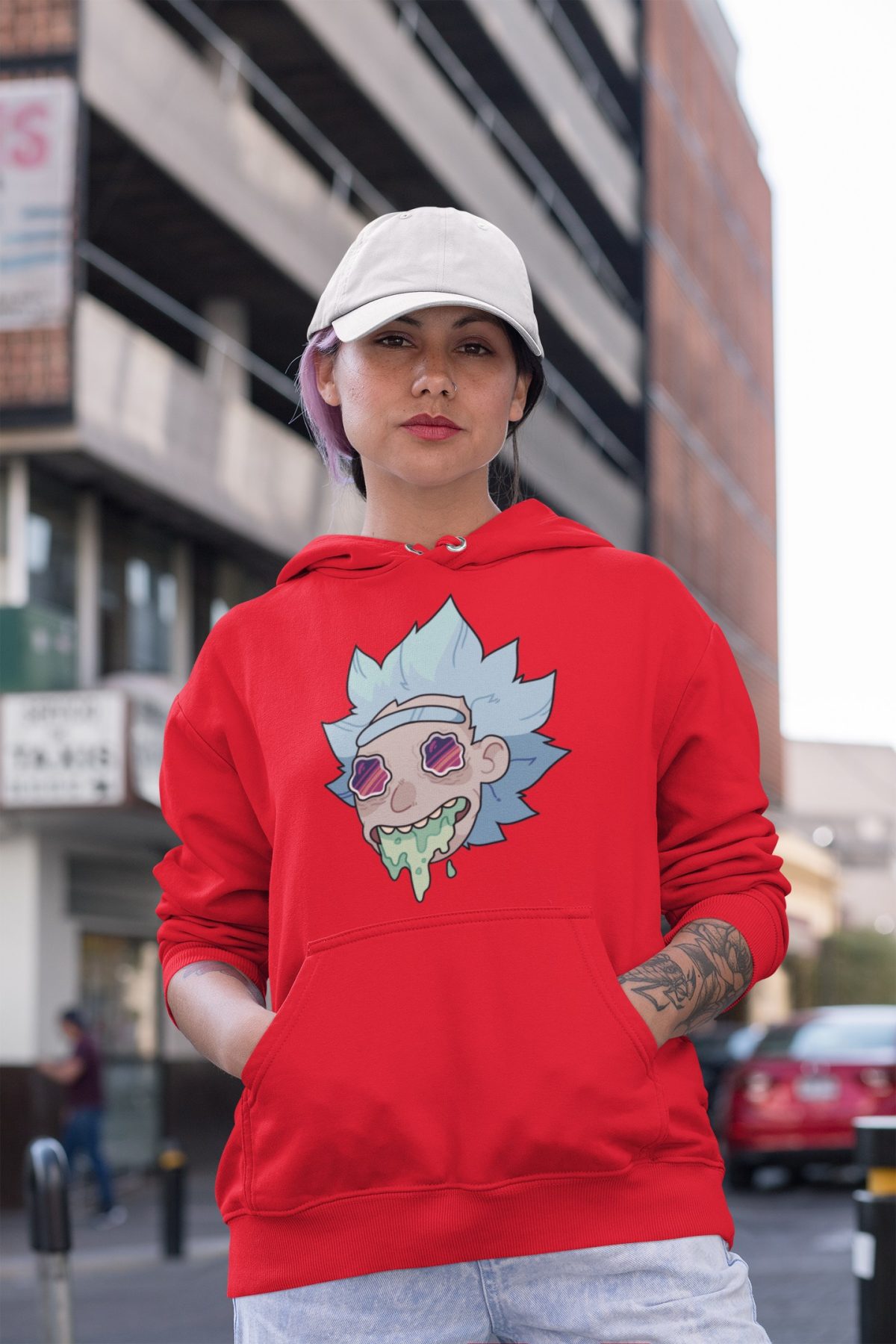 hoodie mockup of a serious woman wearing a dad hat in the street 31185 compressed - Rick And Morty Merch