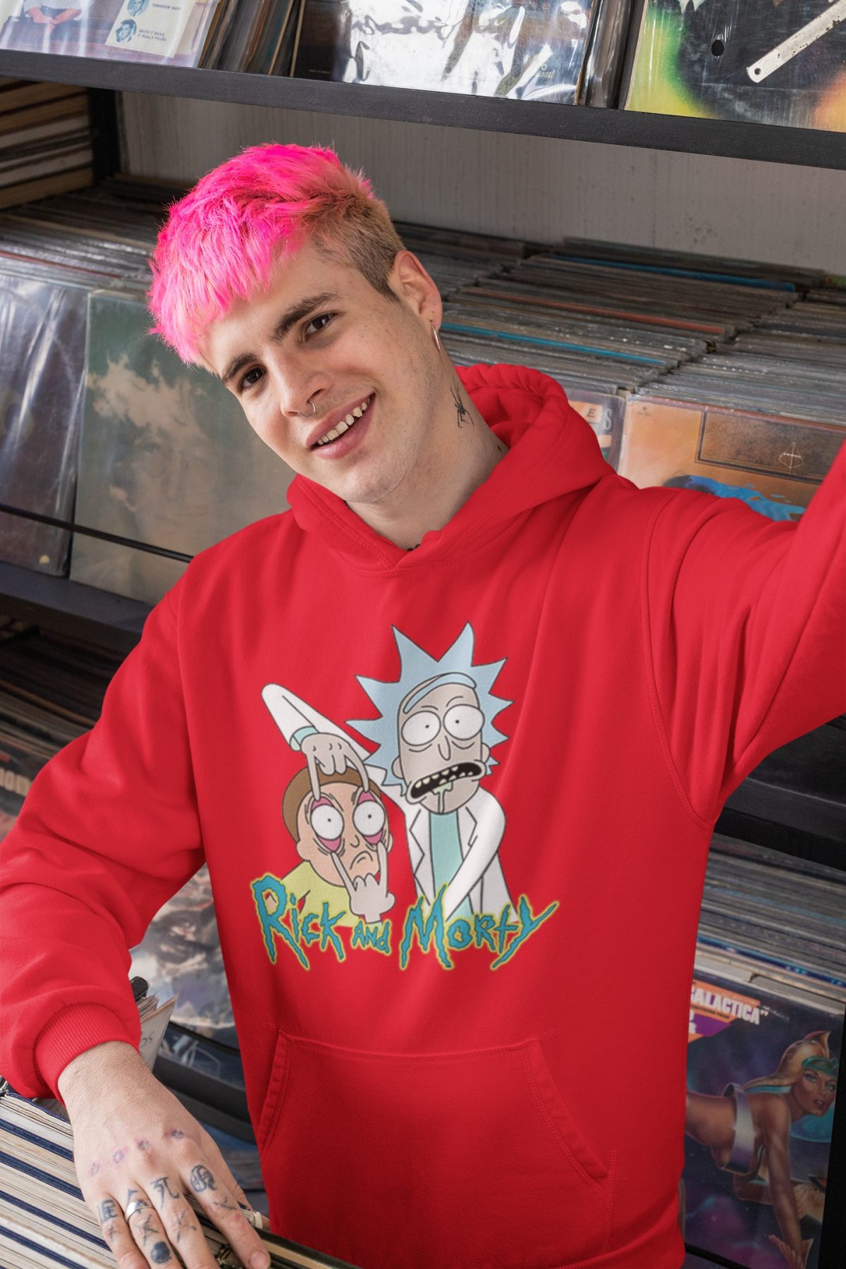 hoodie mockup of a smiling man taking a selfie at a record store 33315 2 compressed - Rick And Morty Merch