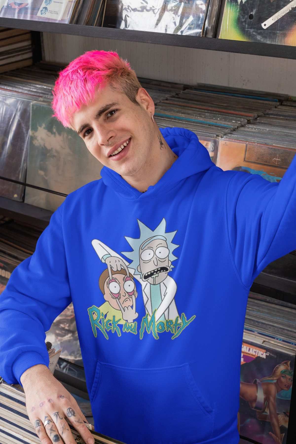 hoodie mockup of a smiling man taking a selfie at a record store 33315 3 compressed - Rick And Morty Merch