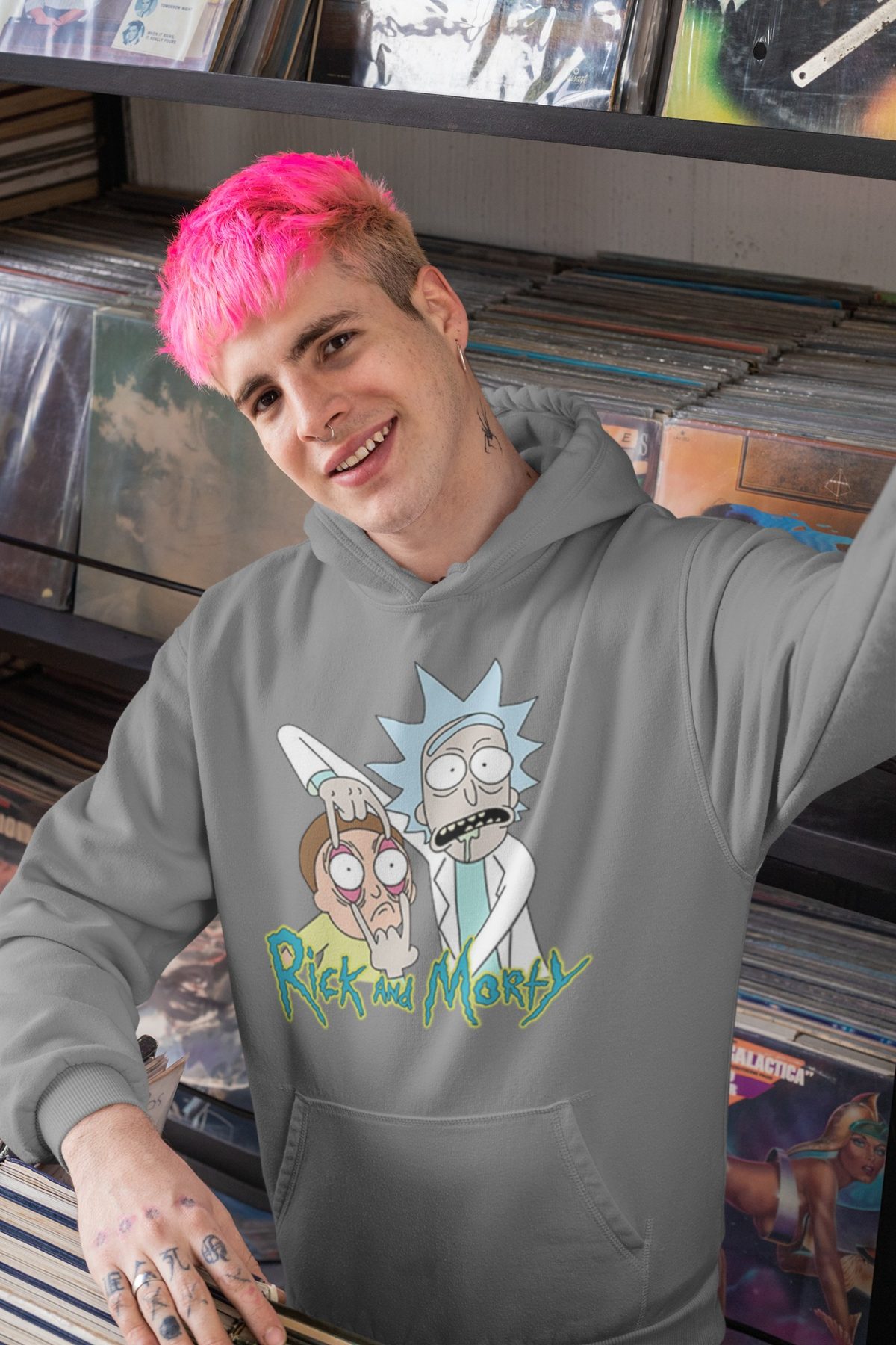 hoodie mockup of a smiling man taking a selfie at a record store 33315 4 compressed - Rick And Morty Merch