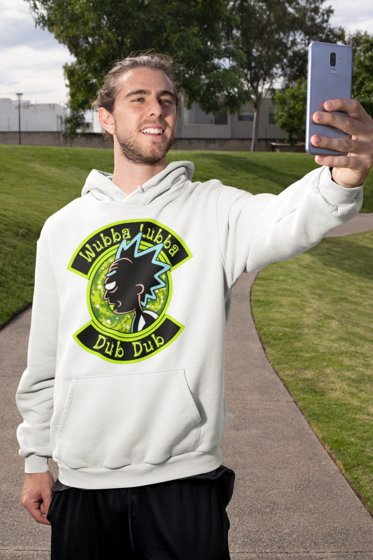 mockup of a man with a hoodie taking a selfie on the street 32312 1 compressed 1 - Rick And Morty Merch