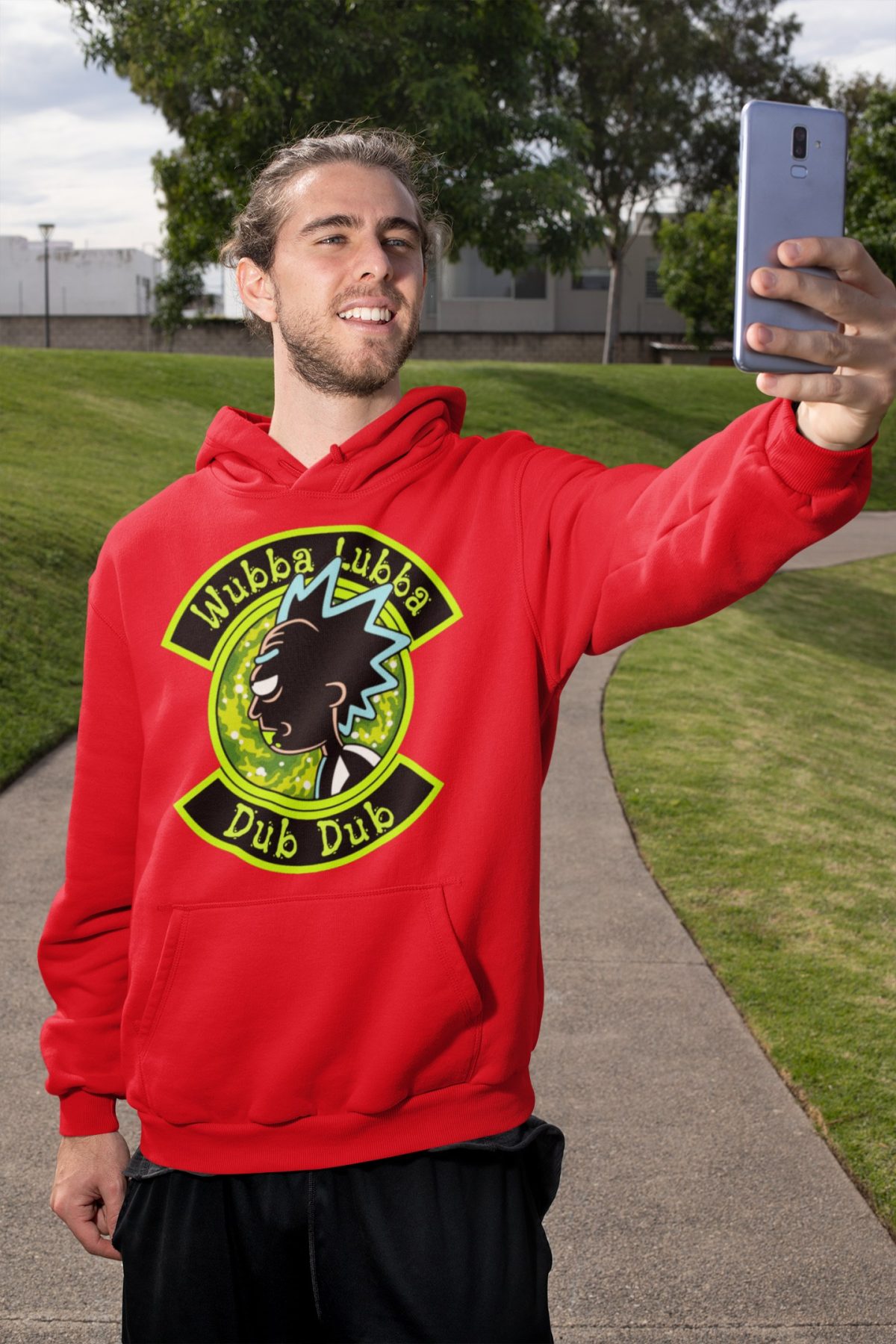 mockup of a man with a hoodie taking a selfie on the street 32312 3 compressed 1 - Rick And Morty Merch