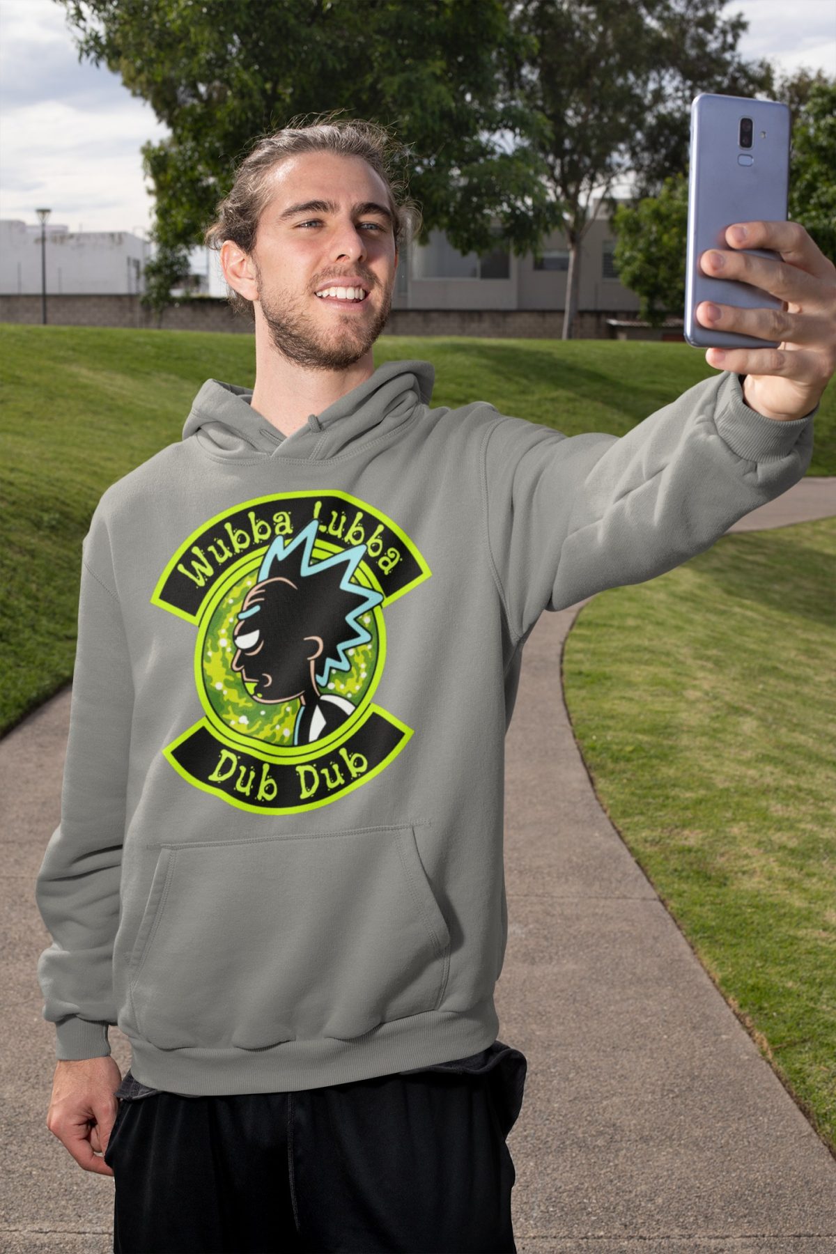 mockup of a man with a hoodie taking a selfie on the street 32312 5 compressed - Rick And Morty Merch